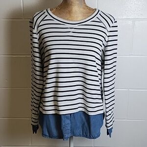 Fever Cotton French Terry Stripe Sweatshirt Lyocell Denim Accents Large